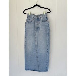 Raey Blue Denim Midi Skirt Back Slit 100% Cotton Button Fly Women's UK4 (US 0)